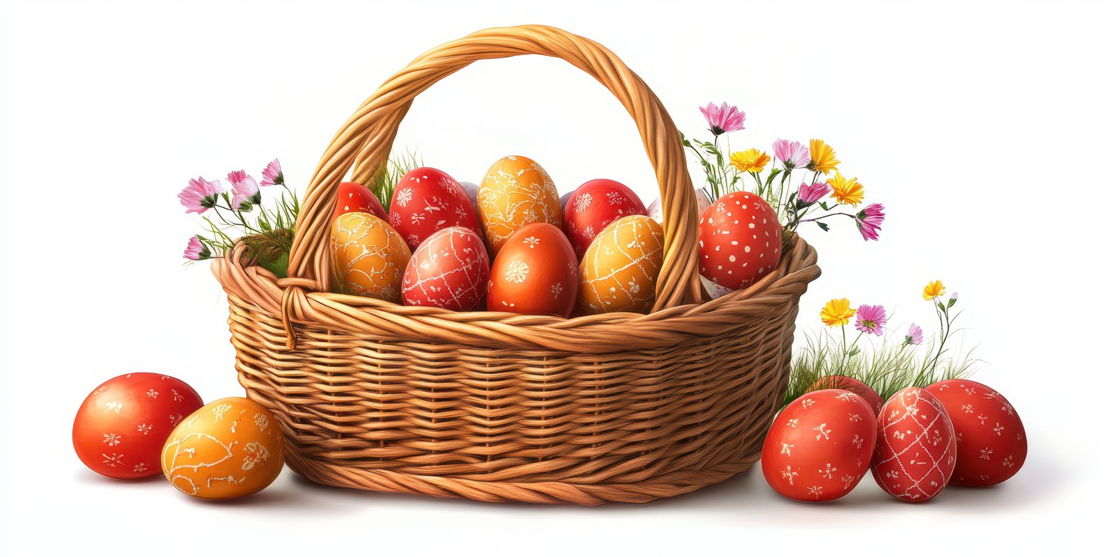 Colorful eggs in a woven basket surrounded by wildflowers during spring celebration